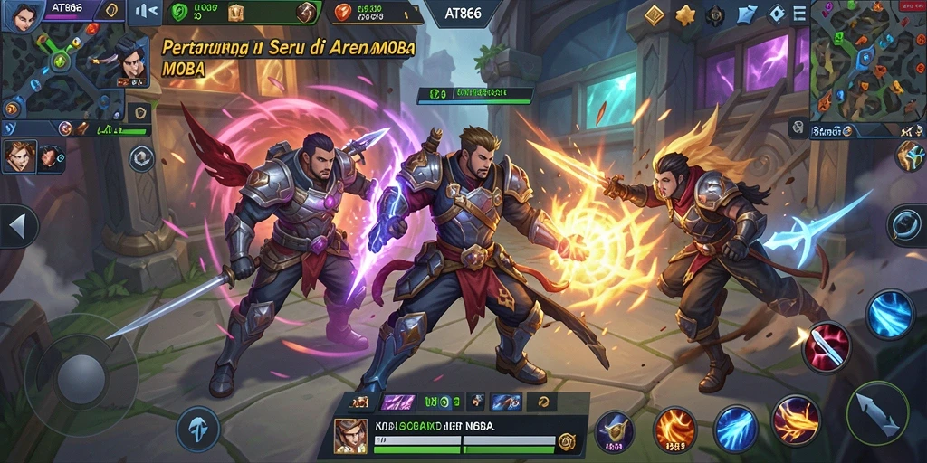 Tangkapan layar utama AT866 menampilkan aksi seru dalam pertempuran MOBA.