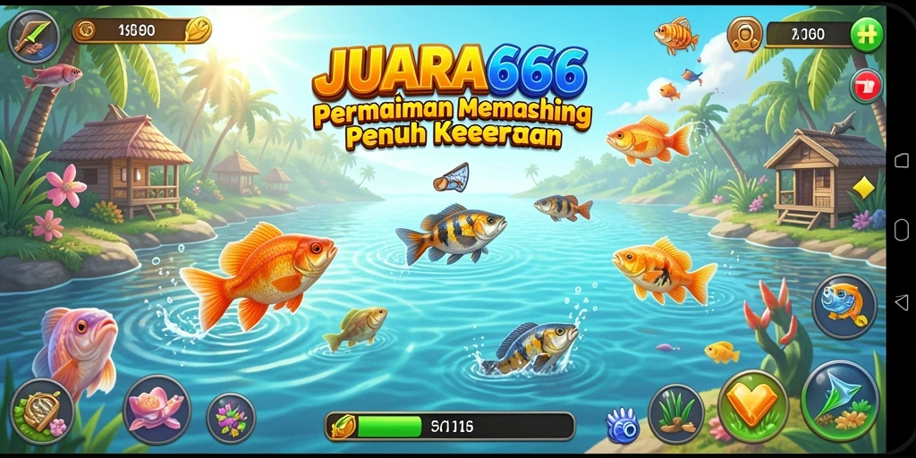 Screenshot gameplay JUARA666 menunjukkan aksi memancing seru di lautan.