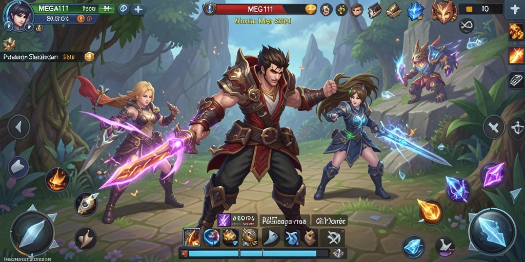 Tampilan gameplay MEGA111 menunjukkan pertempuran epik dalam gaya MMORPG.