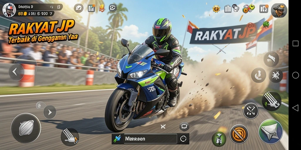 Screenshot gameplay RAKYATJP menampilkan aksi balapan motor yang mendebarkan.