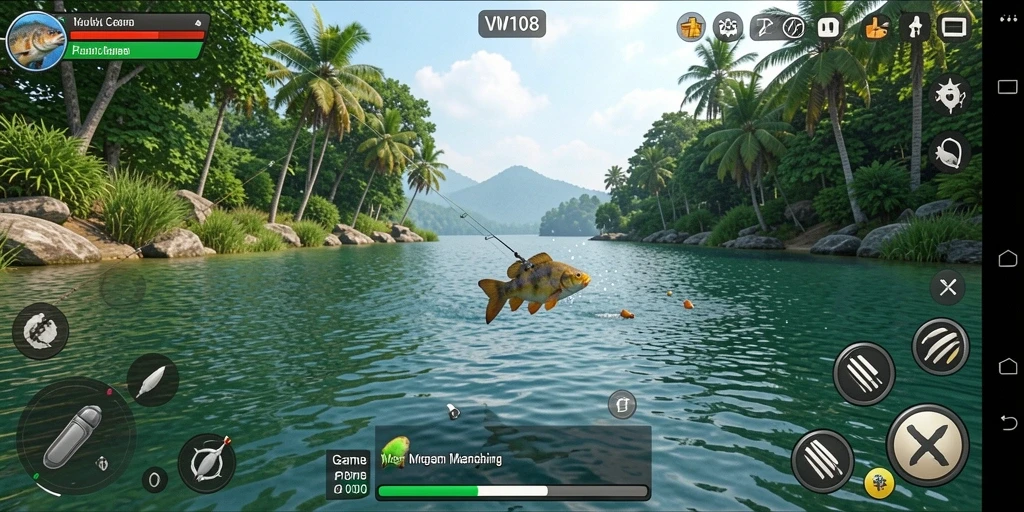 Tangkapan layar VW108 menampilkan gameplay memancing yang memikat dan menyenangkan.
